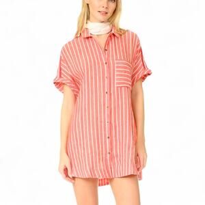 Free People Little Sway Mini Dress Tunic Red Stripes Oversized Linen Blend Small